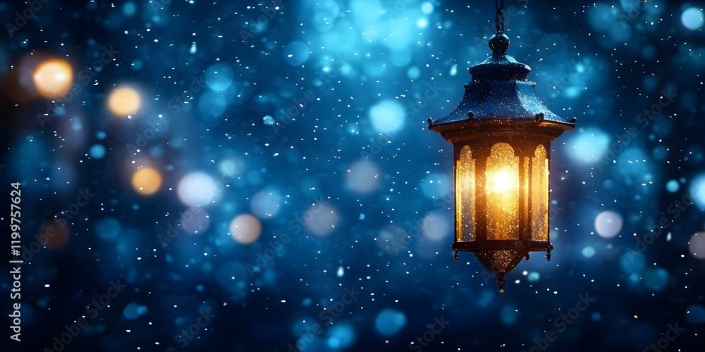 Poster a glowing lantern hangs against a backdrop of softly falling snow and shimmering bokeh lights, creat