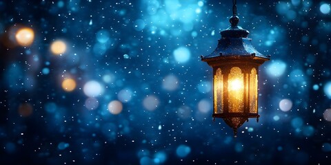 A glowing lantern hangs against a backdrop of softly falling snow and shimmering bokeh lights, creating a tranquil winter scene. Concept Winter Lanterns, Snowy Serenity, Tranquil Nightscapes