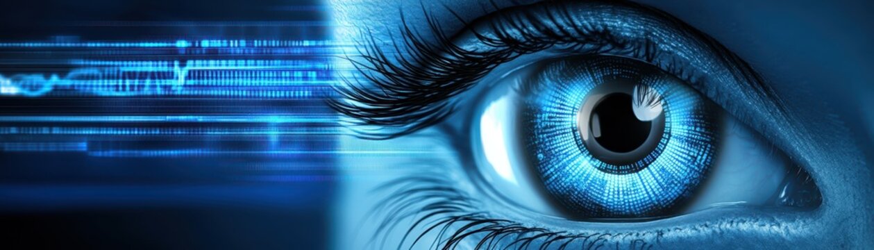 Intriguing closeup, exploring the details of eye against vibrant blue background