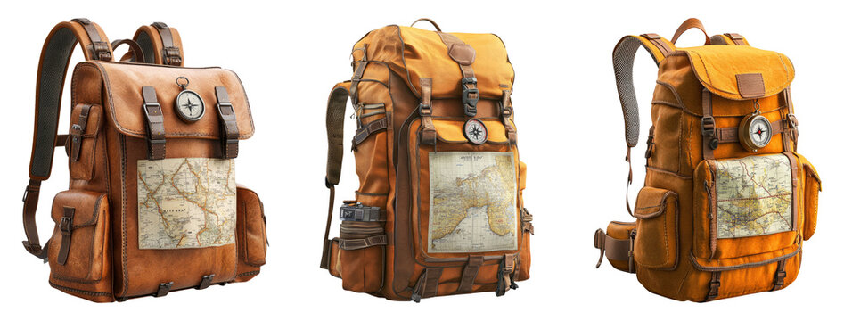 Vintage Leather Backpacks with Maps on Transparent Background