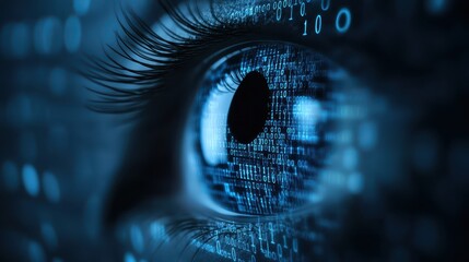 Binary code overlaid on human eye, closeup view of technology and vision 