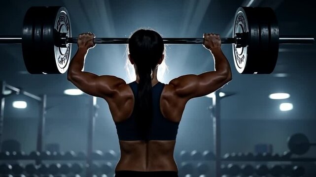A silhouette of a person lifting weights in a dark gym setting. This dynamic video emphasizes power and perseverance. Perfect for fitness and motivation themes. Generative AI