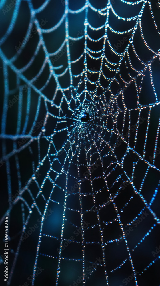 Poster intricate spiderweb covered in glistening dew drops, creating a beautiful and delicate natural forma