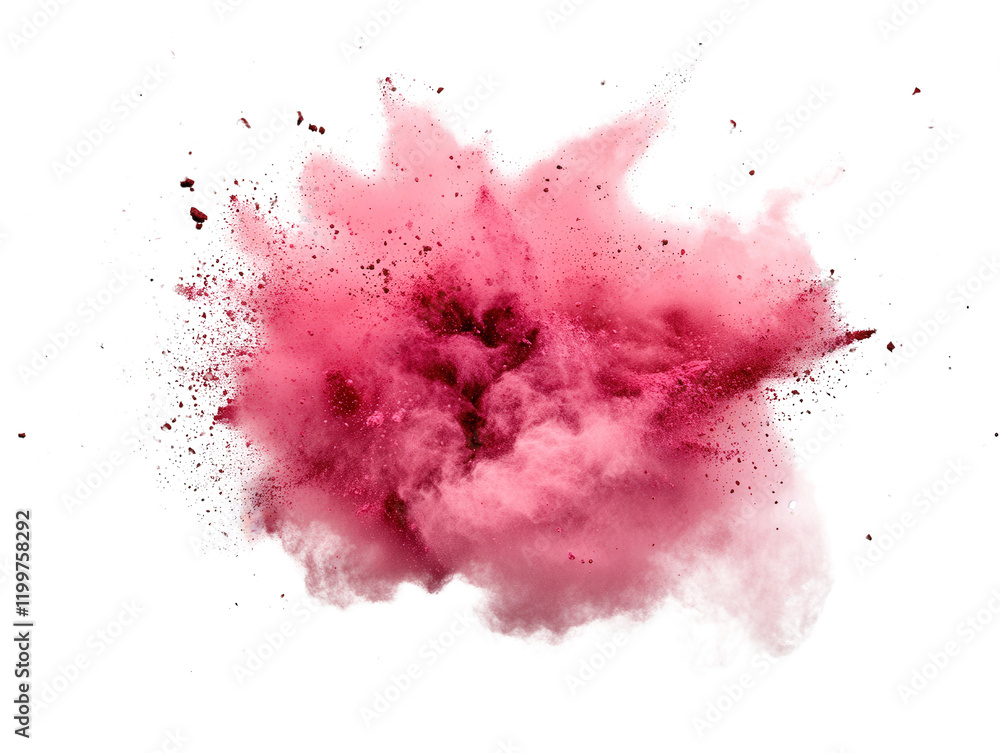 Poster pink powder explosion creating colorful cloud against black background in artistic display isolated 