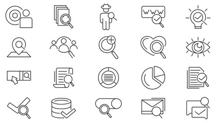 Search line icon set. Magnifying glass, seo, website, business, optimation, sign,loupe, revision, inspector, monitoring, analysis line icon set. UI thin line icon pack.