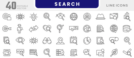 Search line icon set. Magnifying glass, seo, website, business, optimation, sign,loupe, revision, inspector, monitoring, analysis line icon set. UI thin line icon pack.