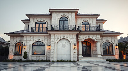Majestic Luxury House Exterior: Elegant Stone Facade, Grand Design, Dream Home