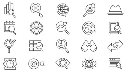 Search line icon set. Magnifying glass, seo, website, business, optimation, sign,loupe, revision, inspector, monitoring, analysis line icon set. UI thin line icon pack.