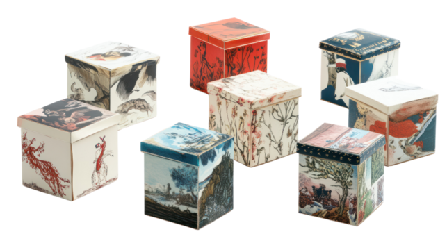A collection of decorative boxes with various artistic designs, perfect for storage or as unique home decor pieces, showcasing craftsmanship and creativity.