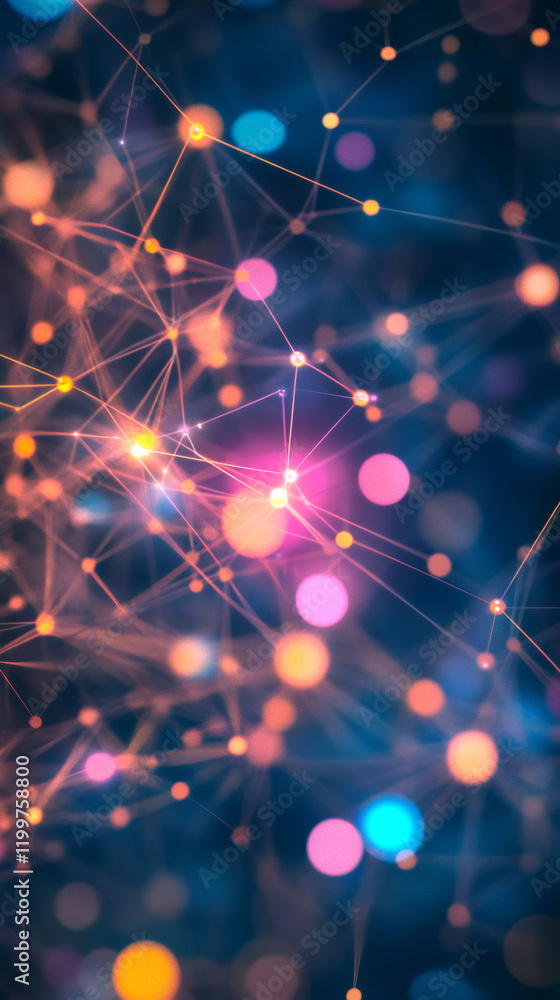 Poster Complex network of interconnected nodes forming a futuristic digital web with glowing dots, symbolizing data flow and technological advancement