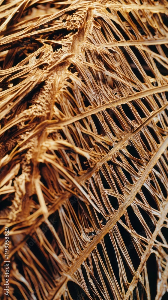 Poster Close-up view reveals elaborate patterns formed by the delicate fibers of a palm leaf, highlighting natural textures and earthy tones in a captivating display of artistry