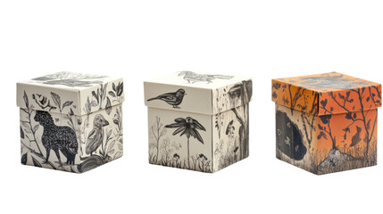 Three decorative boxes with artistic designs featuring wildlife and nature motifs, perfect for storage or as unique home decor accents.