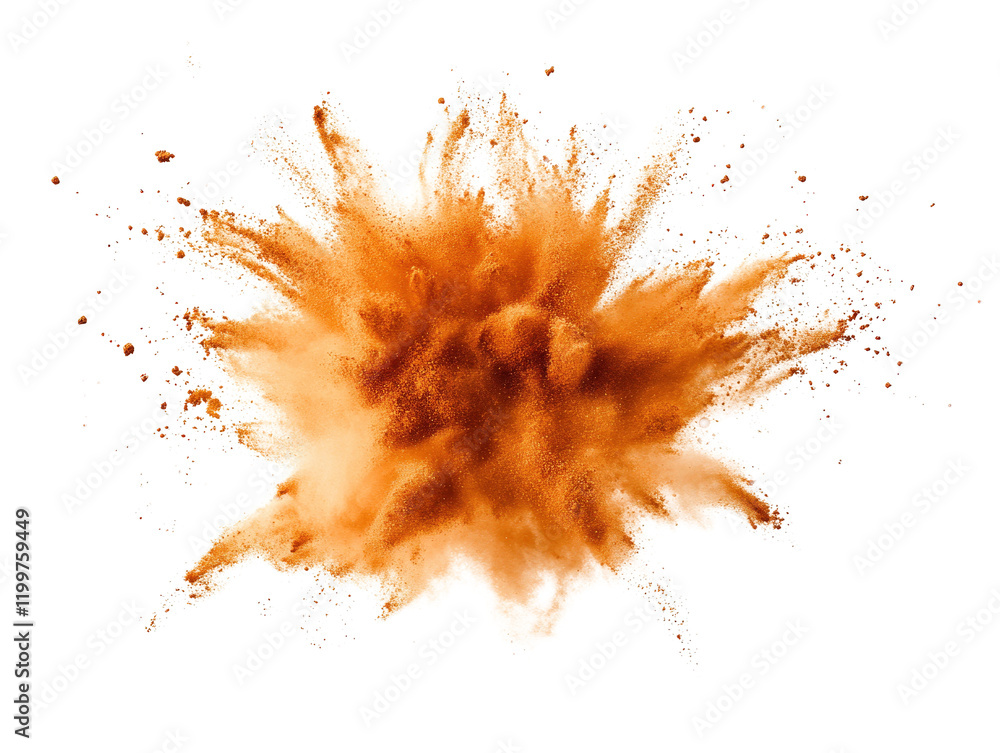 Poster splash of orange powder creating vibrant patterns on a black background with fine textures and detai