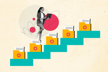 Composite art 3d creative image collage of happy girl freelancer jump folder interface...