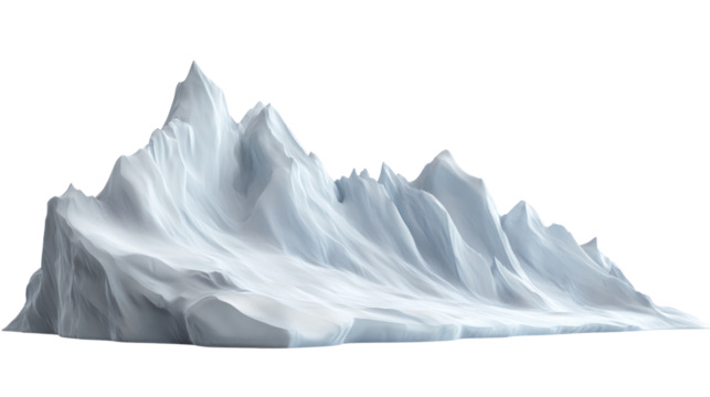 Stunning mountain range with rugged peaks and smooth, snowy surfaces, isolated on a white background, perfect for use in various designs.