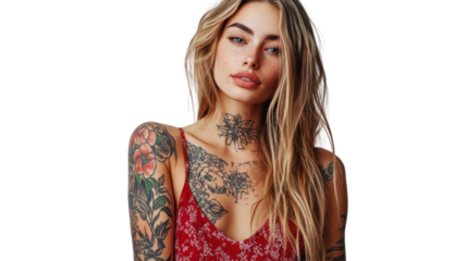 Portrait of a stylish woman with intricate tattoos, showcasing confidence and individuality against a white isolated background.
