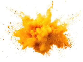 Bright yellow powder explosion creating a vibrant cloud of color in mid-air against a dark background isolated on a white background.