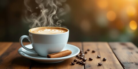 White cup of coffee with latte art, cinnamon stick, and scattered coffee beans on wooden surface