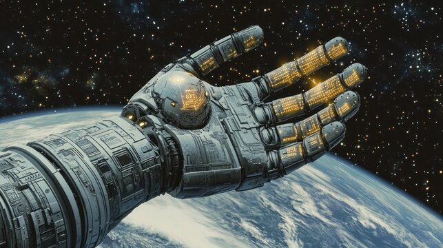Robotic hand in space holding glowing orb above Earth.