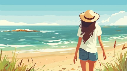 Serene August Beach Stroll: Young Woman in Hat Enjoying Seaside Walk