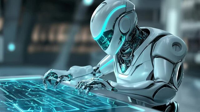 A dynamic representation of a sleek robot working in a high tech factory with glowing robotic arms assembling products