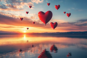 Fototapeta premium Romantic Sunset with Floating Heart Balloons