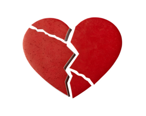 Red broken heart sticker on white background, symbol of heartbreak, emotional graphic