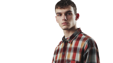 A young man with a serious expression wearing a plaid shirt against a white isolated background, perfect for various editorial and commercial use.