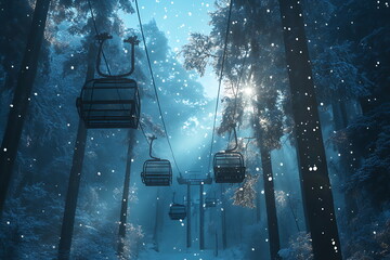 A cable car on the ski slope in a winter forest