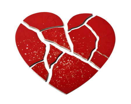 Red broken heart shaped sticker on white background, love and breakup symbol, romantic graphic