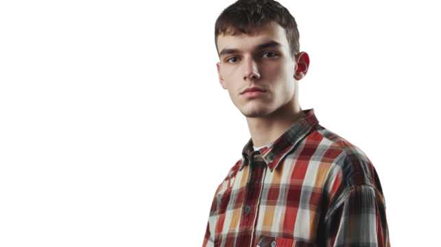 A young man with a serious expression wearing a plaid shirt against a white isolated background, perfect for various editorial and commercial use. - Powered by Adobe