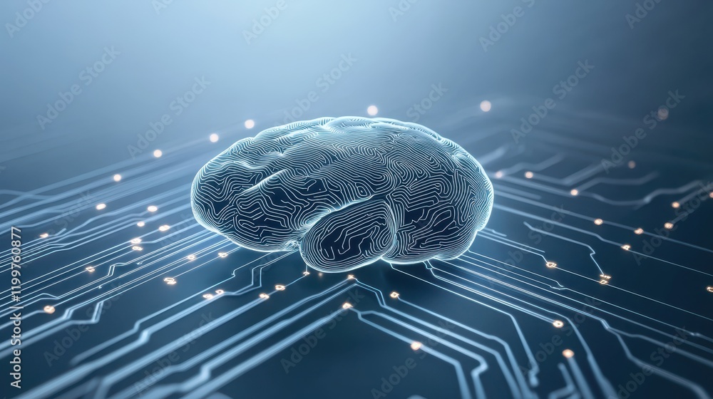 Poster illuminated circuit board brain, a visual representation of artificial intelligence