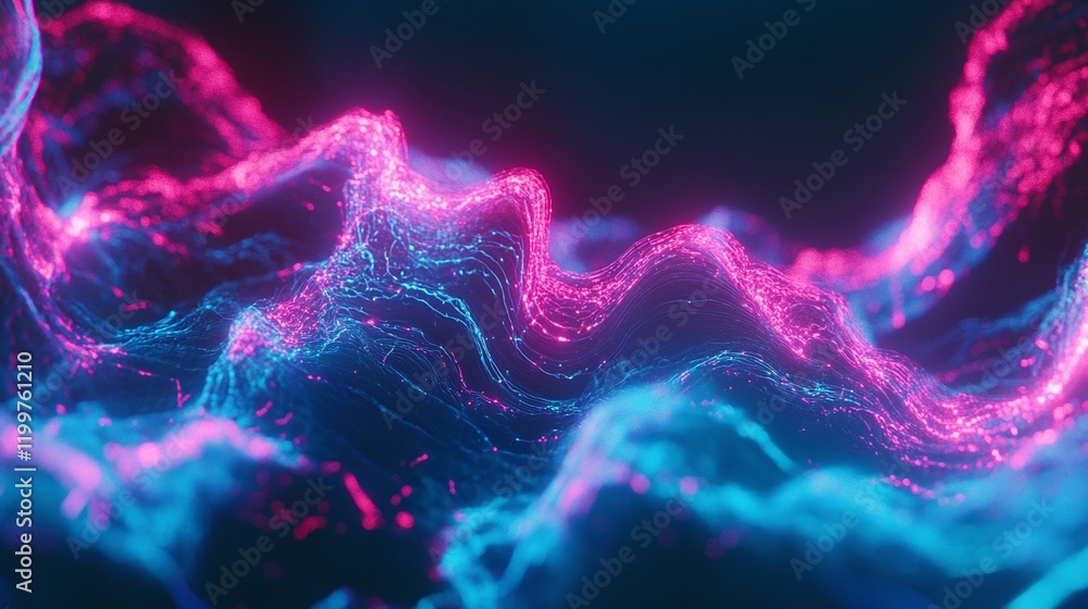 Poster surreal sound wave design with luminous intertwining lines in bright neon colors.