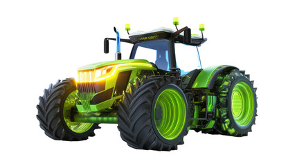 A modern, vibrant tractor with bright green accents and advanced features, suitable for agricultural tasks, isolated on a white background.