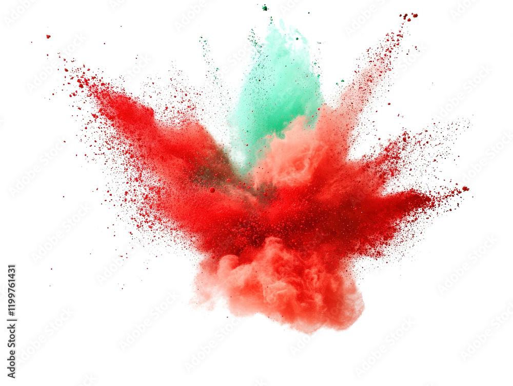 Poster vivid red and green powder explosion creating a colorful abstract background for artistic visuals is