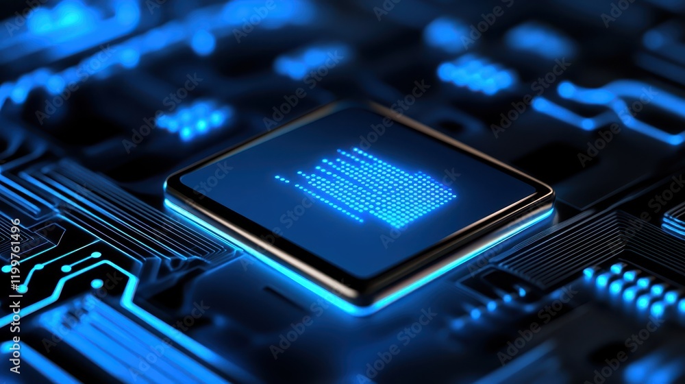 Poster intricate circuitry of computer chip illuminated by blue light, glimpse into technological advanceme