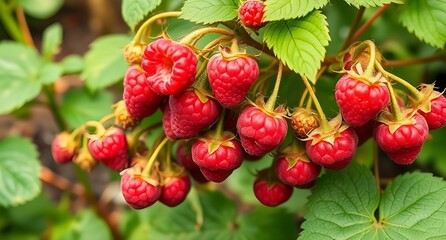 Obraz premium Fresh raspberries growing in the garden.