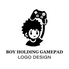  Minimalist Boy Holding Gamepad Logo Design for Gaming Brands, E-Sports Teams, and Video Game Enthusiasts Featuring Clean Black and White Style