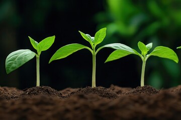 Eco-friendly garden greenery walls in an urban setting Three young plants growing from dark soil in a lush environment.