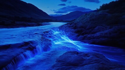 Blue illuminated river cascading over rocks at night.
