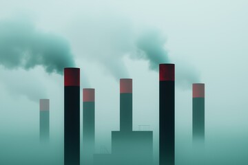 Global warming carbon crisis concept. Industrial smokestacks emitting smoke in a foggy atmosphere, highlighting environmental pollution concerns.
