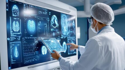 A doctor using AI software to analyze medical scans, with glowing digital data and advanced diagnostic tools surrounding the image, symbolizing future - Powered by Adobe