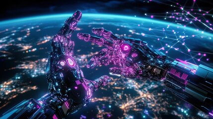 Obraz premium Robotic hands reaching across a glowing digital network over Earth.