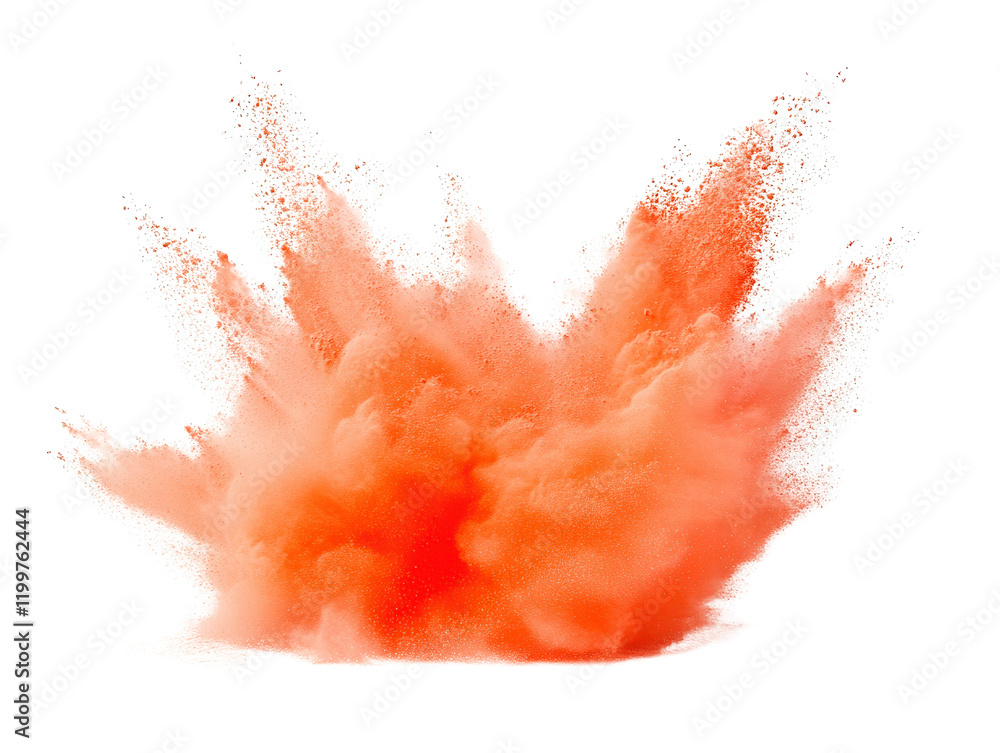Poster bright orange powder explosion creating a dynamic and vivid visual effect on a white background isol
