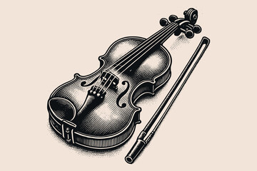 Classical violin with bow in bold black-and-white vintage engraving style © Victoria