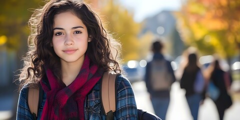 Obraz premium A young person with curly hair and a plaid shirt stands outdoors, smiling, while others walk in the background amid autumn trees. Concept Autumn Portrait, Young Individual, Curly Hair, Plaid Shirt