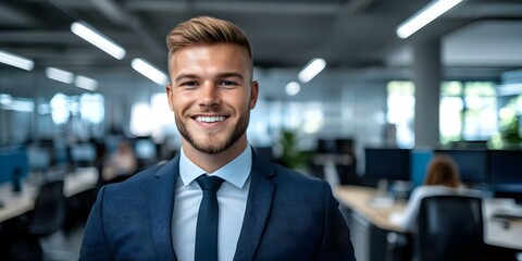 Fototapeta premium A smiling man in a suit stands confidently in an office environment with workstations and colleagues in the background. Concept Professional Confidence, Office Environment, Team Collaboration