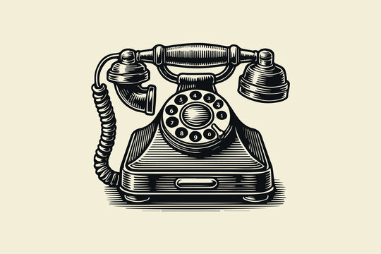 Vintage rotary phone in black and white engraving style vector art