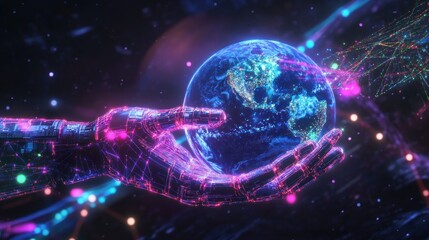 Obraz premium Robotic hand holding glowing Earth, digital network. (1)