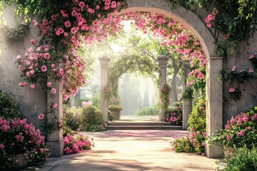 Serene Floral Archway in Sunlit Garden